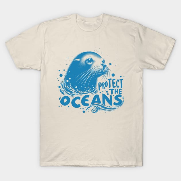 Protect the Oceans - Sea lion blue T-Shirt by PrintSoulDesigns